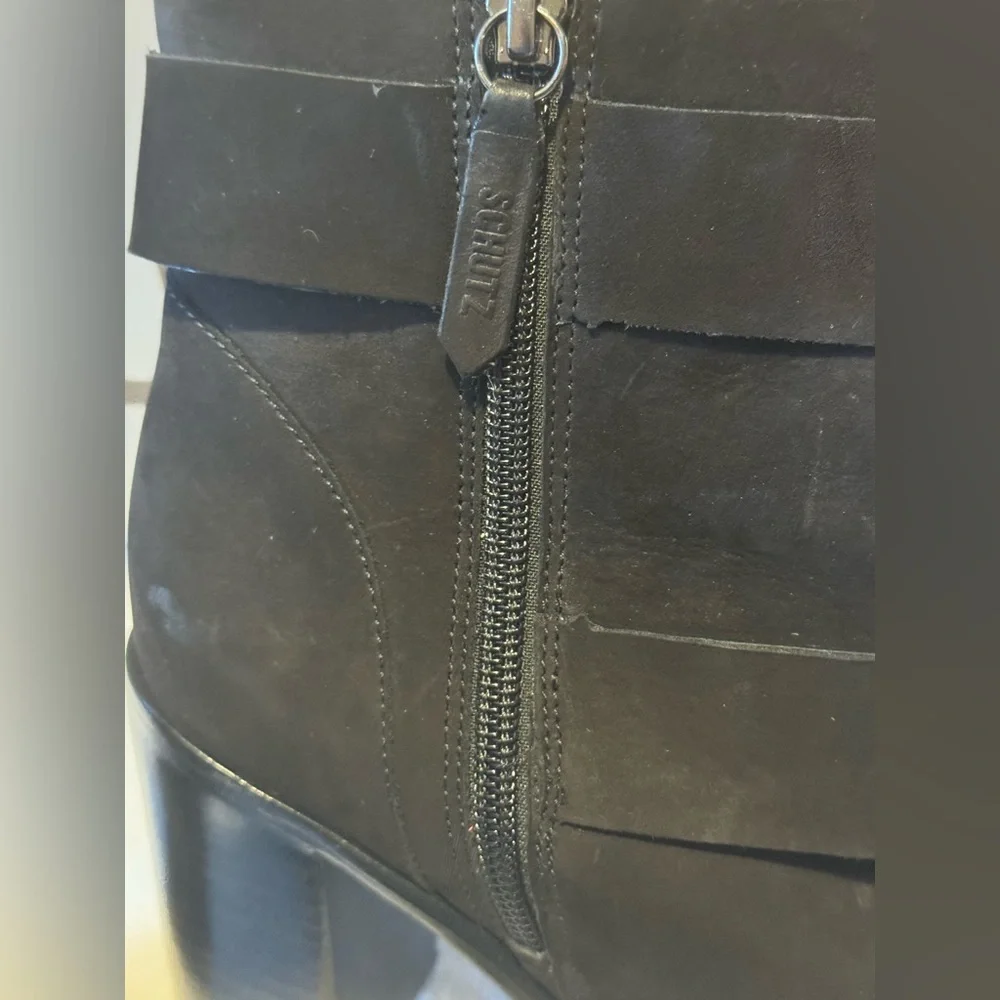 SCHUTZ w 8.5 Black Suede Ankle Boots with Buckles, Block‎ Heel, Pointed Toe - Picture 11 of 13
